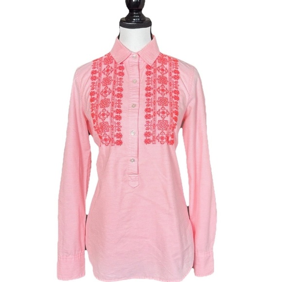 J. Crew Tops - J. Crew Pop Over Embroidered Pink Stripe Long Sleeve Button Shirt Women 2 Office